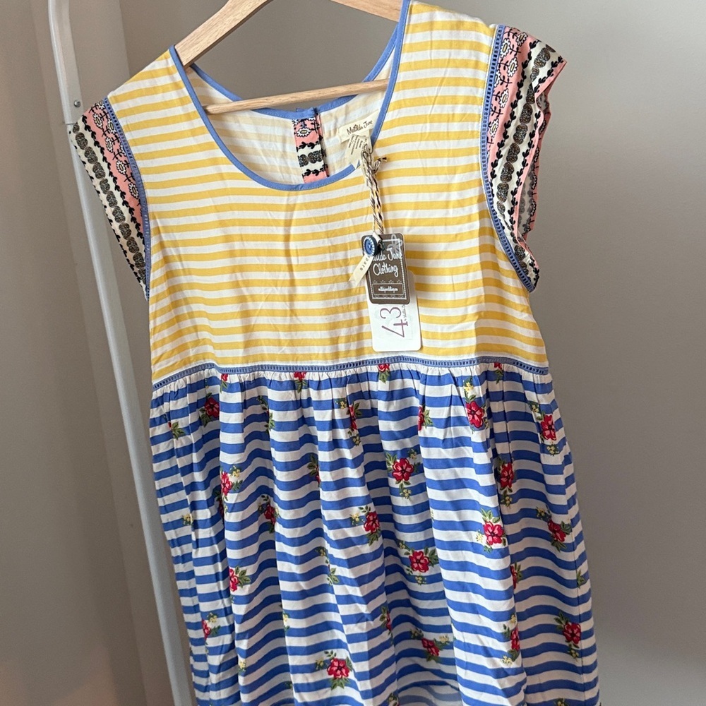 Matilda Jane Yellow & Blue Striped Dress with Red Floral Accents Size M - Picture 9 of 11